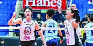 Negrense Christine Joy Soyud and Marionne Alba were all smiles after the Akari Power Chargers secured their third consecutive victory in the PVL All-Filipino Conference. PVL PHOTO