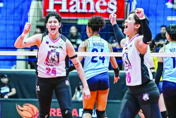 sports_Power_Chargers_compressed_resized Negrense Christine Joy Soyud and Marionne Alba were all smiles after the Akari Power Chargers secured their third consecutive victory in the PVL All-Filipino Conference. PVL PHOTO
