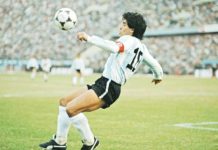 Diego Maradona was seen mid-play during the 1986 FIFA World Cup qualifying match against Peru. The Argentinian was one of the game’s most gifted players. GETTY IMAGES