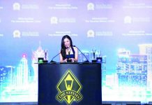 GOLDEN MOMENT. Beatrice Janine Melliza, Corporate Affairs head of Metro Pacific Iloilo Water, delivers her acceptance speech at the Asia-Pacific Stevie Awards at the Venetian Hotel, Macao, China as she receives the Gold trophy on behalf of the company.