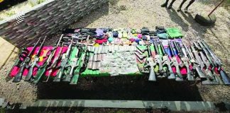Firearms and war materiel recovered from the encounter site in Barangay Salamanca, Toboso, Negros Occidental following the clash on April 19, 2026 that left 19 individuals dead. KALINAW NEWS PHOTO