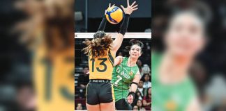 Shevana Laput of De La Salle University Lady Spikers scores against the defense of Far Eastern University Lady Tamaraws' Alyssa Devosora. UAAP PHOTO