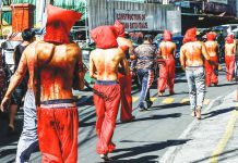 Penitents do self-flagellation in a Metro Manila neighborhood in this undated Maundy Thursday file photo, believing they can be cleansed of their sins this way. However, the Catholic Bishops’ Conference of the Philippines advises going to a priest for confession instead, and reforming one's way of life instead of harming acts. PNA