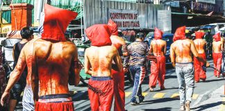 Penitents do self-flagellation in a Metro Manila neighborhood in this undated Maundy Thursday file photo, believing they can be cleansed of their sins this way. However, the Catholic Bishops’ Conference of the Philippines advises going to a priest for confession instead, and reforming one's way of life instead of harming acts. PNA