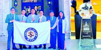 The West Visayas State University College of Law “Vox Populi” Moot Team poses with their school banner and trophy after finishing first runner-up in the 30th Stetson International Environmental Moot Court Competition in Florida, USA. At right is a close-up of the team’s runner-up trophy recognizing their standout performance against top law schools worldwide. WVSU – COLLEGE OF LAW