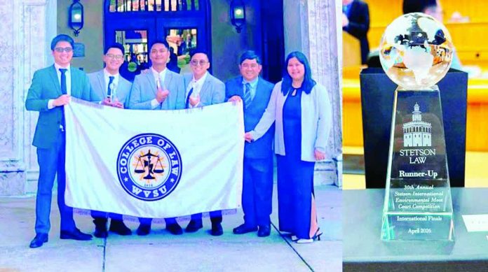 neljoy_moot_compressed_resized The West Visayas State University College of Law “Vox Populi” Moot Team poses with their school banner and trophy after finishing first runner-up in the 30th Stetson International Environmental Moot Court Competition in Florida, USA. At right is a close-up of the team’s runner-up trophy recognizing their standout performance against top law schools worldwide. WVSU – COLLEGE OF LAW