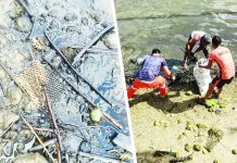 An oil-like substance was seen across the shoreline of Sitio Sambag and Sitio Baluarte in Barangay Hoskyn, Jordan, Guimaras on April 25, 2026, prompting authorities to conduct containment measures and warn residents of potential health and environmental risks. BARANGAY HOSKYN FB PHOTO