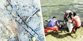 An oil-like substance was seen across the shoreline of Sitio Sambag and Sitio Baluarte in Barangay Hoskyn, Jordan, Guimaras on April 25, 2026, prompting authorities to conduct containment measures and warn residents of potential health and environmental risks. BARANGAY HOSKYN FB PHOTO