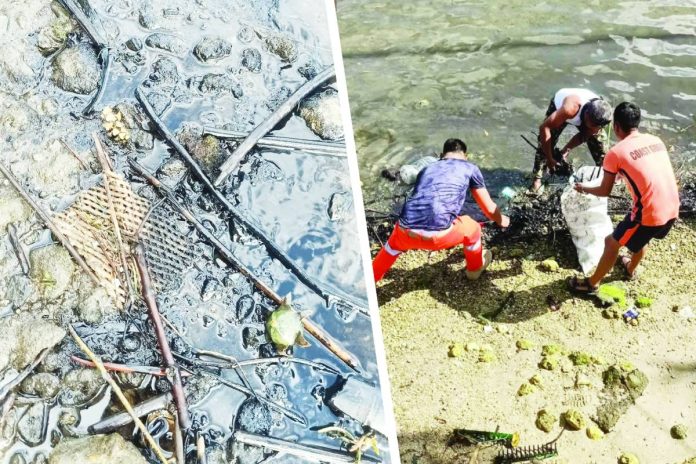 oil-spill An oil-like substance was seen across the shoreline of Sitio Sambag and Sitio Baluarte in Barangay Hoskyn, Jordan, Guimaras on April 25, 2026, prompting authorities to conduct containment measures and warn residents of potential health and environmental risks. BARANGAY HOSKYN FB PHOTO