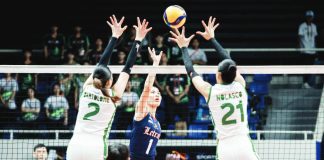 Judiel Nitura of Colegio de San Juan de Letran Lady Knights attacks against the defense of Camila Amor Bartolome and Zamantha Nolasco of College of Saint Benilde Lady Blazers during Game 1 of the NCAA Season 101 Women’s Volleyball Finals at the Rizal Memorial Coliseum. NCAA PHOTO