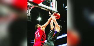 Portland Trail Blazers guard Kris Murray foils the shot attempt of Phoenix Suns star Devin Booker. PHOTO COURTESY OF PORTLAND TRAIL BLAZERS' FACEBOOK PAGE