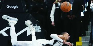 San Antonio Spurs center Victor Wembanyama was down on the floor after a hard fall. AP PHOTO