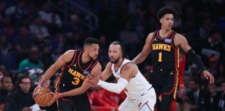 Atlanta Hawks guard CJ McCollum (3) is guarded by New York Knicks guard Jalen Brunson (11) during the 2026 NBA Playoffs at Madison Square Garden. PHOTO BY VINCENT CARCHIETTA/IMAGN IMAGES