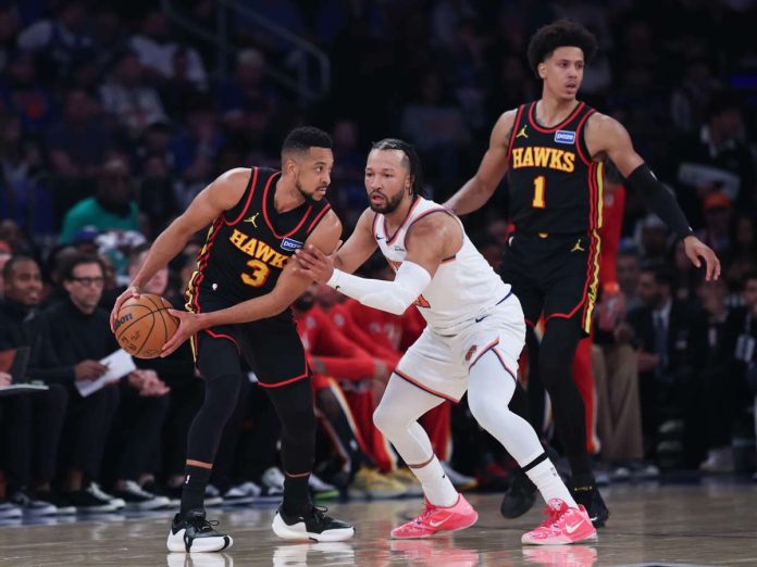 sports_NBA_compressed_resized Atlanta Hawks guard CJ McCollum (3) is guarded by New York Knicks guard Jalen Brunson (11) during the 2026 NBA Playoffs at Madison Square Garden. PHOTO BY VINCENT CARCHIETTA/IMAGN IMAGES