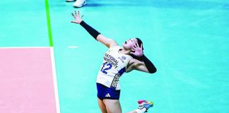 National University Lady Bulldogs’ Sam Cantada soars for a powerful serve. UAAP PHOTO