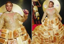 Dress made from 500 loaves stuns African film awards Africa’s reality TV star Queen Mercy Atang is seen with her dress made from loaves of bread. BBC/GIFT UFUOMA