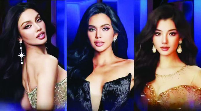 MGI All-Stars preliminary hosts (from left) Veena Singh, CJ Opiaza, and Zhao Na. SCREENGRABS FROM MISS GRAND INTERNATIONAL