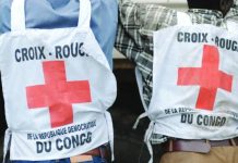 Two individuals are pictured from behind wearing Red Cross tabards. The tabards read “croix-rouge de la republic Democratique du Congo”. The volunteers are thought to have been infected before the outbreak had been identified, the Red Cross said. AFP VIA GETT IMAGES