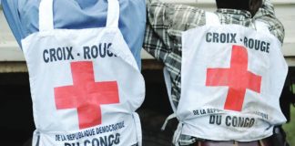 Two individuals are pictured from behind wearing Red Cross tabards. The tabards read “croix-rouge de la republic Democratique du Congo”. The volunteers are thought to have been infected before the outbreak had been identified, the Red Cross said. AFP VIA GETT IMAGES