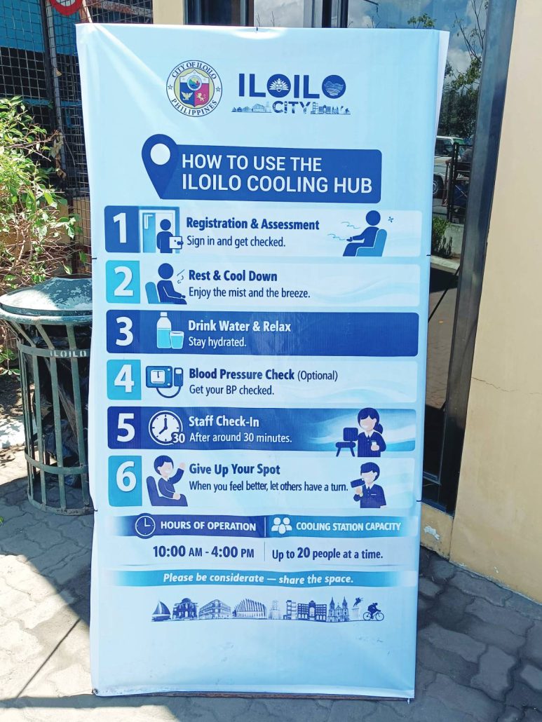 Guidelines on how to use the Iloilo City “I-Cool” cooling hub are displayed, reminding visitors to hydrate, rest, and share the space responsibly during extreme heat conditions. AJ PALCULLO/PN