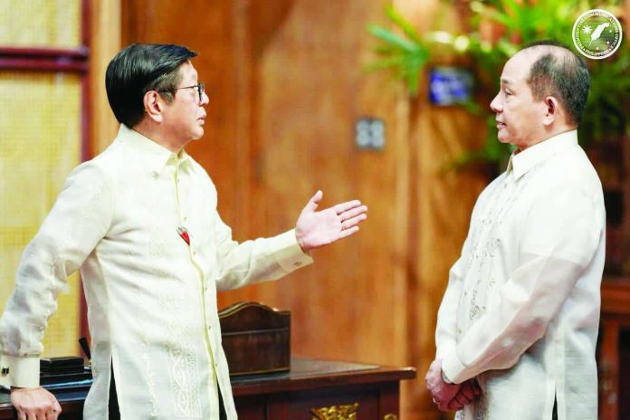 NSC_copy_compressed_resized_resized President Ferdinand Marcos Jr. (left) Confers with National Security Adviser retired Gen. Eduardo S.L. Oban Jr. In Malacañang. Photo courtesy of the Presidential Communications Office