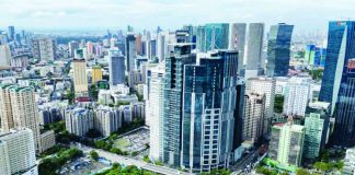 High-rise buildings in the Ortigas Business District in Pasig City looms large in the horizon as seen through a drone shot in this file photo. The Mitsubishi UFJ Financial Group says the rising domestic policy uncertainty could trigger greater capital outflows or weaker inflows, with currency depreciation becoming a growing constraint for policymakers. INQUIRER PHOTO / GRIG C. MONTEGRANDE