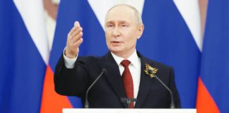 President Vladimir Putin says Russia was fighting a “just” war and called Ukraine an “aggressive force” that was being “armed and supported by the North Atlantic Treaty Organization.”