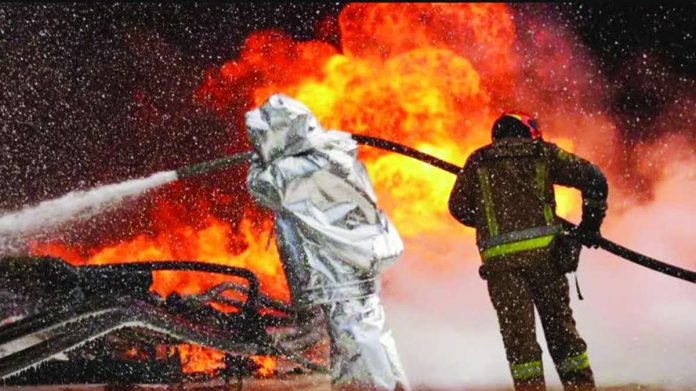 Ukrainian firefighters tackle a blaze following Russian drone strikes in the central Dnipropetrovsk region. DSNS/DNIPROPETROVSK REGION