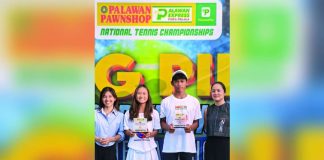Kathlyn Bugna beams after completing another three-title romp at the Bagong Pilipinas age-group tournament. With her are PCO Assistant Secretary Patricia Martin, co-MVP Miguel Lagac III, and Claudia Cojuangco.