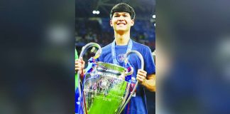 Pedro “Dro” Fernandez celebrates with the UEFA Champions League trophy after helping Paris Saint-Germain defeat Arsenal in the final. Fernandez became the latest player of Filipino heritage to win Europe’s premier club football competition. Photo courtesy of Dro Fernandez/Instagram