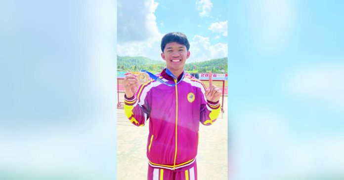 Aklan’s Jhon del Rosario celebrates after winning the gold medal in the secondary boys’ 400-meter dash during the 2026 Palarong Pambansa in Agusan del Sur. PHOTO COURTESY OF AKLAN WEEKLY