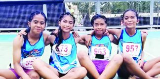 Members of Western Visayas’ record-breaking elementary girls’ 4x100-meter relay team — Trixia Anne Arellano, Maria Athena de Guiño, Norlyn Bedo, and Princesa Lyn Yanson — celebrate after setting a new Palarong Pambansa record of 51.79 seconds in Agusan del Sur. PHOTO COURTESY OF RAY CABARLES