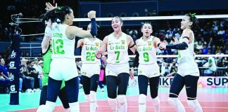 De La Salle University Lady Spikers moved within one win of capturing their 13th UAAP women’s volleyball championship after defeating defending champion National University Lady Bulldogs in Game 1 of the Season 88 Finals at the SM Mall of Asia Arena in Pasay City. UAAP PHOTO