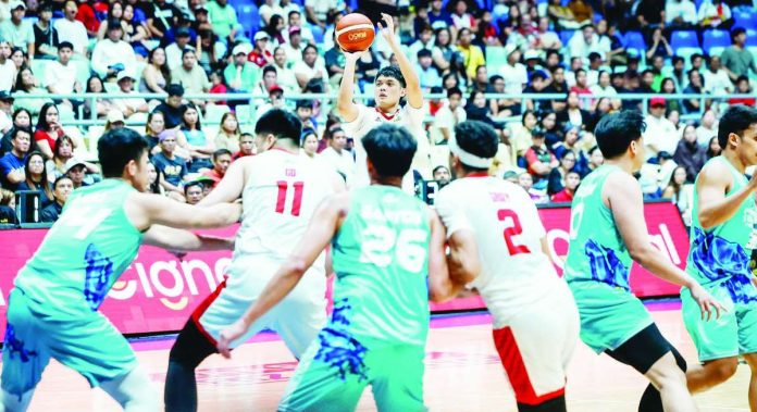 Barangay Ginebra San Miguel Kings’ Ralph Cu launches a three-point shot during the Gin Kings’ dominant quarterfinal victory over Phoenix Super LPG in the PBA Season 50 Commissioner’s Cup. PBA PHOTO