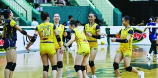 University of Santo Tomas Junior Golden Tigresses celebrate after ruling the Shakey’s Girls Volleyball Invitational League Rising Stars Cup Division 1. PHOTO COURTESY OF SGVIL