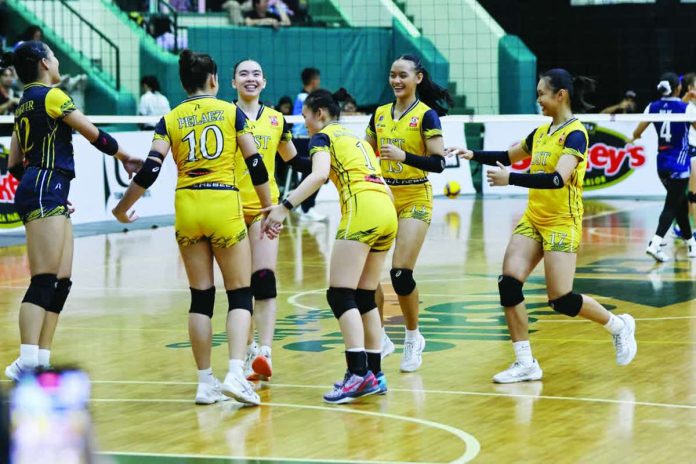 sports_UST_compressed_resized University of Santo Tomas Junior Golden Tigresses celebrate after ruling the Shakey’s Girls Volleyball Invitational League Rising Stars Cup Division 1. PHOTO COURTESY OF SGVIL