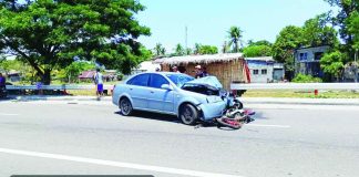 The motorcycle driven by Louie Olbido collided with a sedan after reportedly swerving into the opposite lane in Barangay Atabayan, Tigbauan, Iloilo on Wednesday, May 13, 2026. PHOTO COURTESY OF DYRI RMN ILOILO
