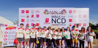 Mercury Drug and Mercury Drug Foundation (MDFI) executives join the Walk for NCD Awareness, along with partners from Unilab and RiteMED. In the photo are RiteMED Inc. OVP and Head Violi Remo (7th from left), Unilab AVP Marlon Carpizo (extreme left), MDFI Executive Director Annie Fuentes (4th from left), MDFI Trustee Rose Lue (5th from left) and Mercury Drug VP for Merchandising Cora Lim (6th from left)