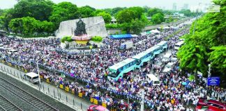 Members of the Iglesia Ni Cristo (INC) gather along EDSA near the People Power Monument in White Plains, Quezon City on Tuesday morning, June 30, 2026. The INC mounted the rally in support of its member Sen. Rodante Marcoleta, who announced he could be facing arrest anytime soon for a plunder charge. INC NEWS AND UPDATES/FACEBOOK PHOTO