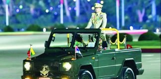 Myanmar's junta chief military Min Aung Hlaing arrives to deliver a speech during a ceremony to mark the country's Armed Forces Day in Naypyidaw in 2024. AFP VIA GETTY IMAGES