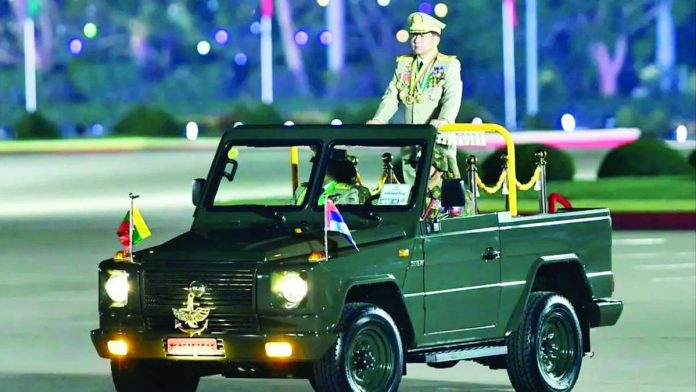 Myanmar_copy_compressed_resized Myanmar's junta chief military Min Aung Hlaing arrives to deliver a speech during a ceremony to mark the country's Armed Forces Day in Naypyidaw in 2024. AFP VIA GETTY IMAGES