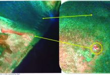 Satellite imagery taken on May 28, 2026 shows a reflective object near the southern entrance of Bajo de Masinloc’s lagoon. The Armed Forces of the Philippines has said the object appears similar to a floating structure recently detected inside the shoal. PHOTO COURTESY OF SEALIGHT/RAY POWELL
