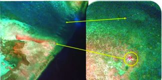 Satellite imagery taken on May 28, 2026 shows a reflective object near the southern entrance of Bajo de Masinloc’s lagoon. The Armed Forces of the Philippines has said the object appears similar to a floating structure recently detected inside the shoal. PHOTO COURTESY OF SEALIGHT/RAY POWELL