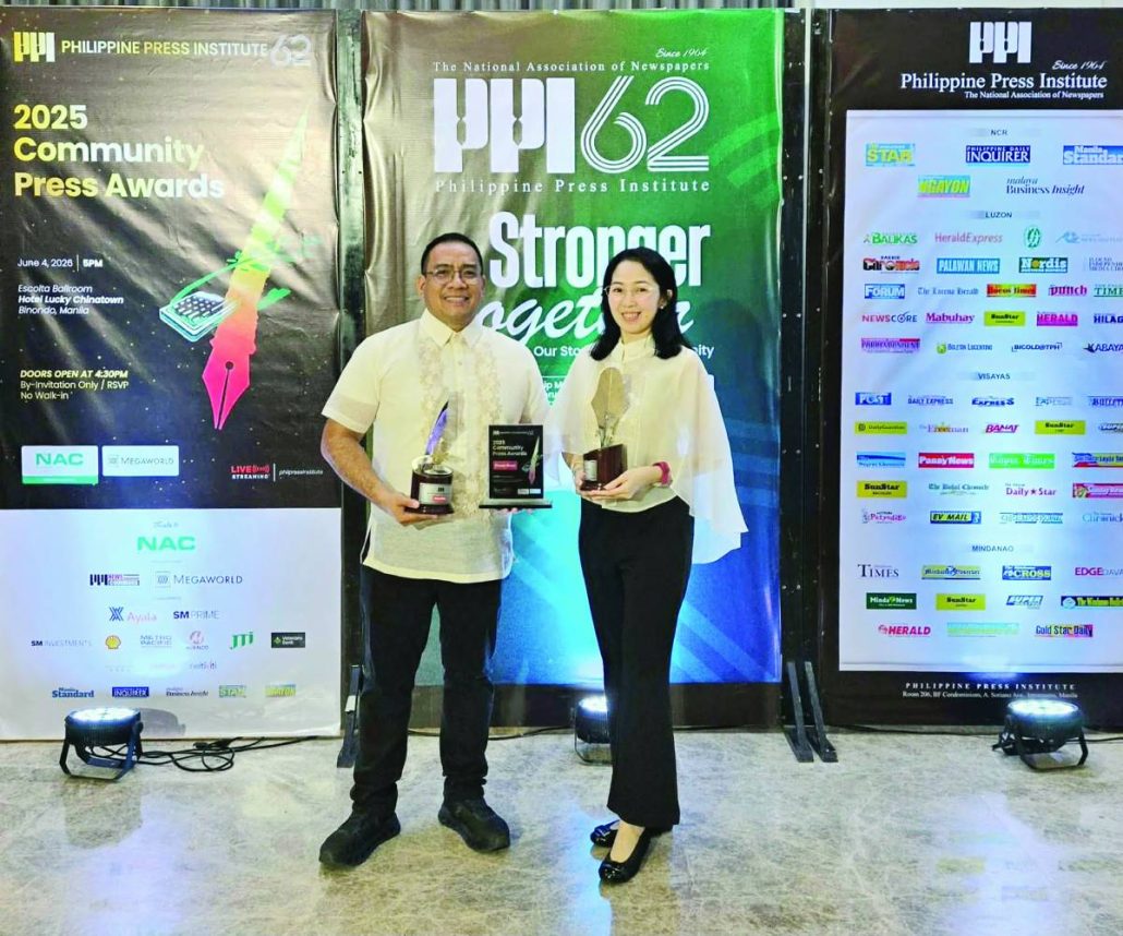 Daniel Fajardo II, one of the Board of Directors of Panay News, and Marketing Manager Leah Fajardo receive the publication’s awards for Best in Environmental Reporting and Best Edited Community Newspaper during the 2026 Philippine Press Institute Community Press Awards in Manila on Thursday, June 4. The recognition comes just months after Panay News celebrated its 45th anniversary, marking another milestone in its commitment to quality community journalism.