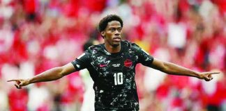 Canada’s Jonathan David celebrates after completing a hat-trick in the Canadians’ dominant 6-0 victory over Qatar in a FIFA World Cup 2026 Group B match at BC Place in Vancouver, Canada. PHOTO BY JARED C. TILTON/GETTY IMAGES