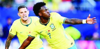 Vinícius Júnior celebrates after scoring Brazil’s equalizer against Morocco during their FIFA World Cup 2026 Group C match at MetLife Stadium in East Rutherford, New Jersey. The goal helped the five-time world champions salvage a 1-1 draw and extend their unbeaten run in World Cup opening matches. PHOTO BY GETTY IMAGES