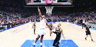 New York Knicks forward OG Anunoby goes for a layup as San Antonio Spurs center Victor Wembanyama looks on. PHOTO COURTESY OF EURO HOOPS WEBSITE