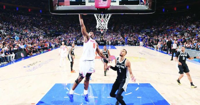 New York Knicks forward OG Anunoby goes for a layup as San Antonio Spurs center Victor Wembanyama looks on. PHOTO COURTESY OF EURO HOOPS WEBSITE