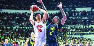 Barangay Ginebra San Miguel Kings’ Japeth Aguilar attempts a shot against the defense of TNT Tropang 5G import Chris McCullough during the PBA Season 50 Commissioner’s Cup Finals. The two teams meet tonight in a winner-take-all Game 7 for the conference championship. PBA Photo. PBA PHOTO
