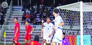 Jeff Tabinas celebrates after scoring the opening goal in the Philippine Men’s National Football Team’s commanding 5-1 victory over Myanmar in the Tri-Nation Friendlies at the Rizal Memorial Stadium. PFF Photo